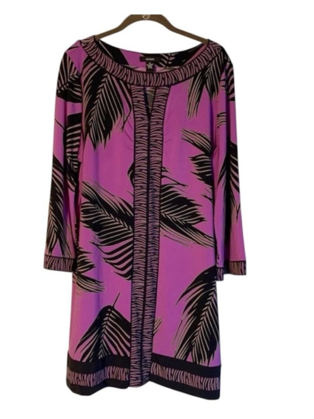 Alfani Purple and Black Long Sleeve Tropical Print Dress XL
